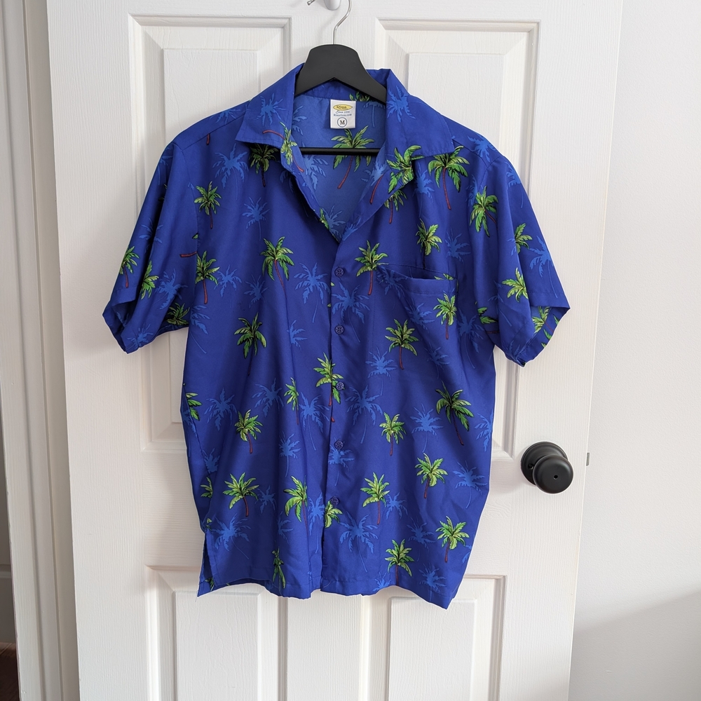 Rima Beachworld Men’s Blue Palm Print Short Sleeve Button Down Shirt Medium